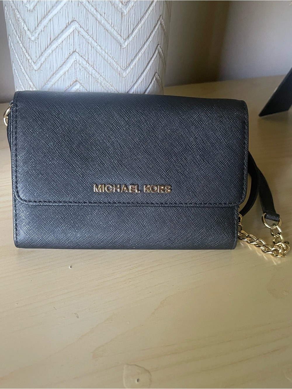 Michael Kors Black Saffiano Crossbody Wallet with Gold Hardware